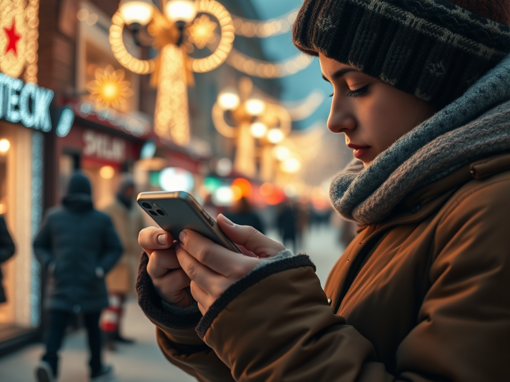 A woman in a warm coat and scarf is checking her phone in a festive, lit outdoor market during winter.