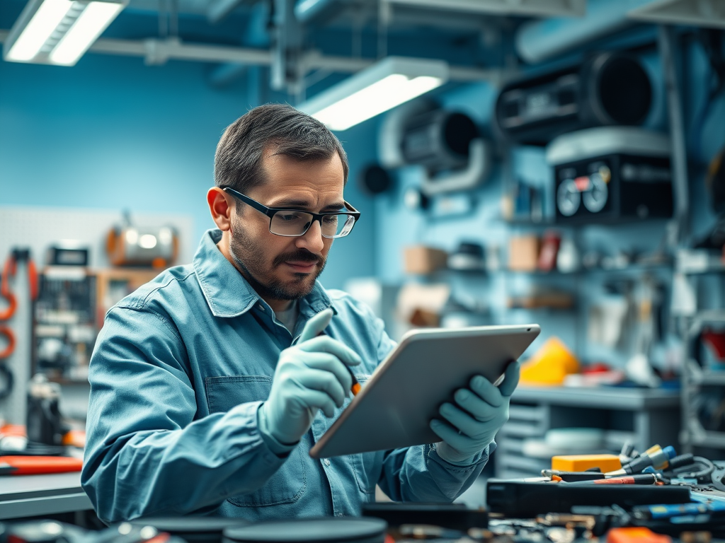 A technician in gloves inspects a tablet in a workshop filled with tools and equipment.