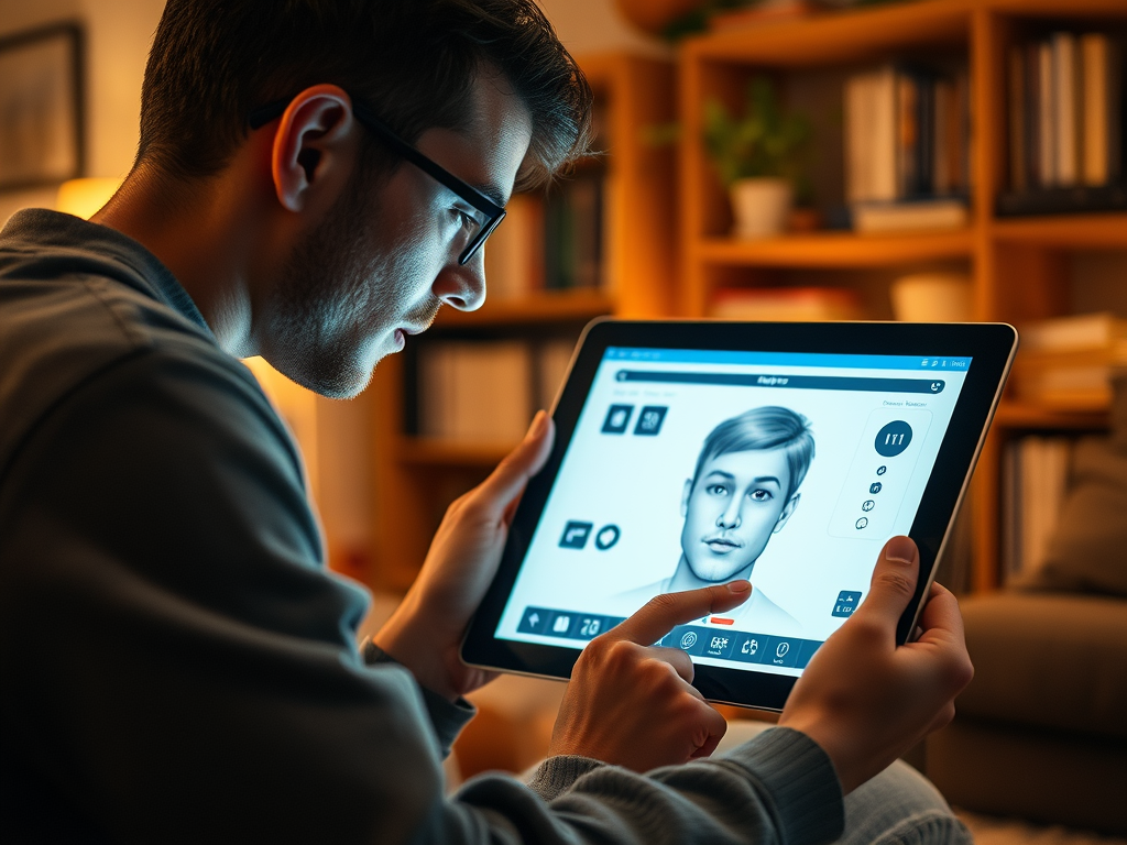 A young man in glasses interacts with a tablet displaying a digital face design application.