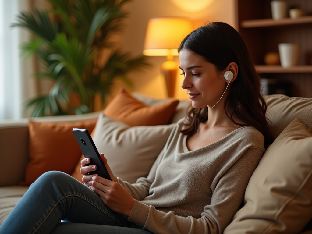 Woman relaxing on couch with phone and headphones, cozy home setting.