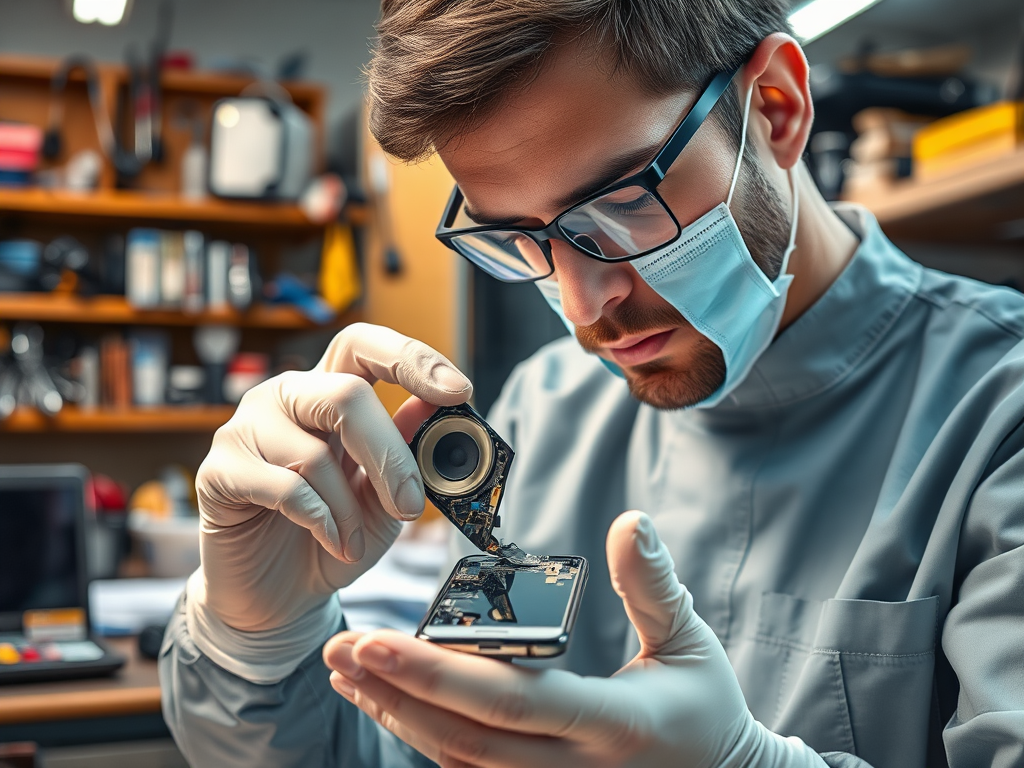 A technician in a mask and gloves repairs a smartphone, focusing on its internal components in a workshop.