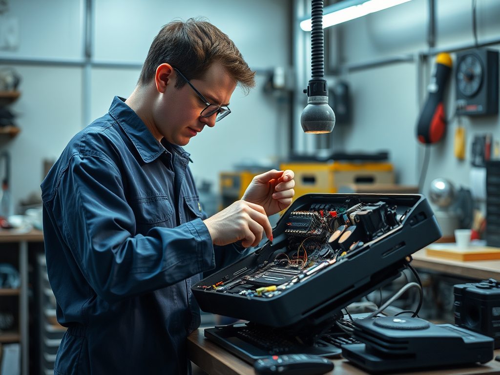 A young man in a blue jumpsuit works on a circuit board inside an open device on a workshop table.