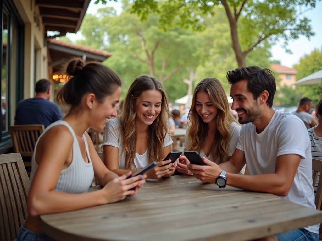 Four friends, two men and two women, happily using smartphones at an outdoor cafe table.