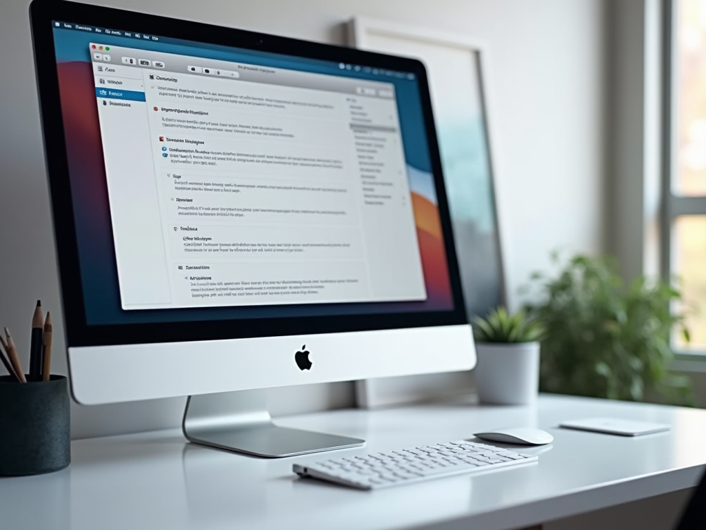 iMac on desk displaying a document, with a keyboard, mouse, and pencils nearby, near a window with a plant.