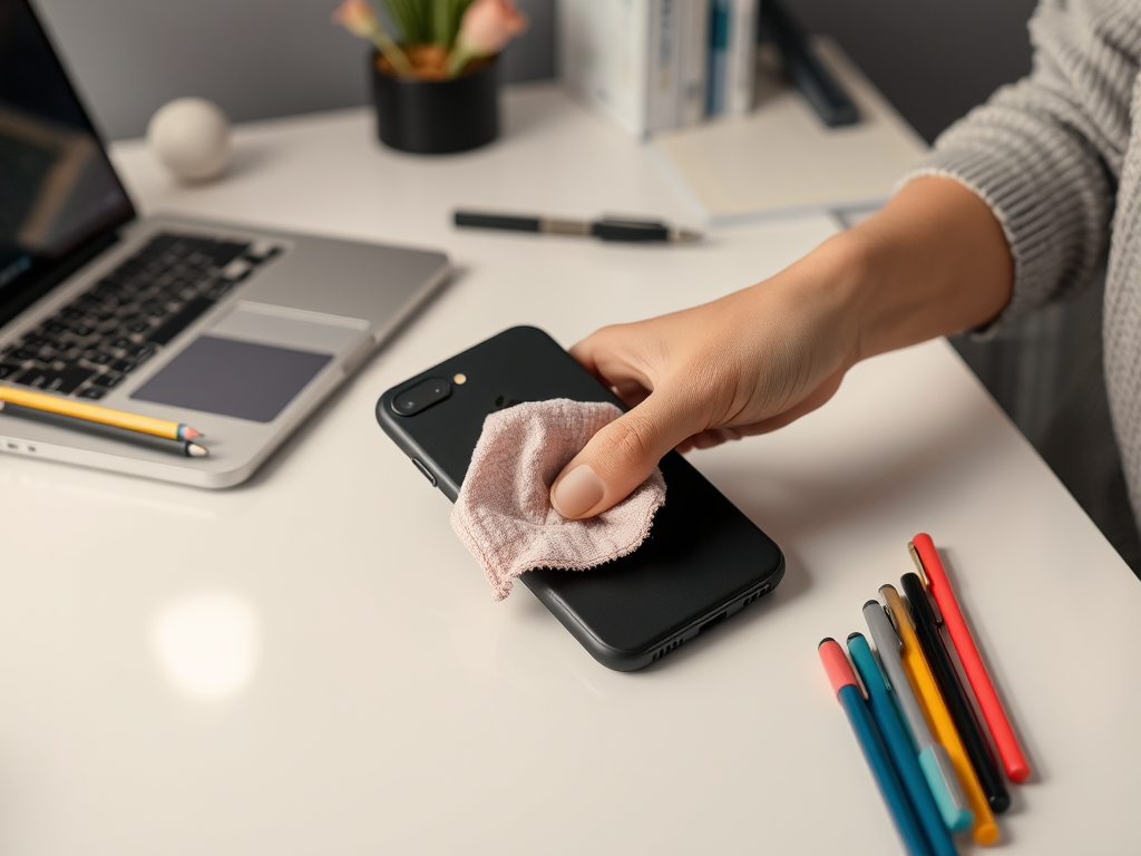 A person is cleaning a smartphone with a cloth at a desk with a laptop, pens, and a small plant in the background.