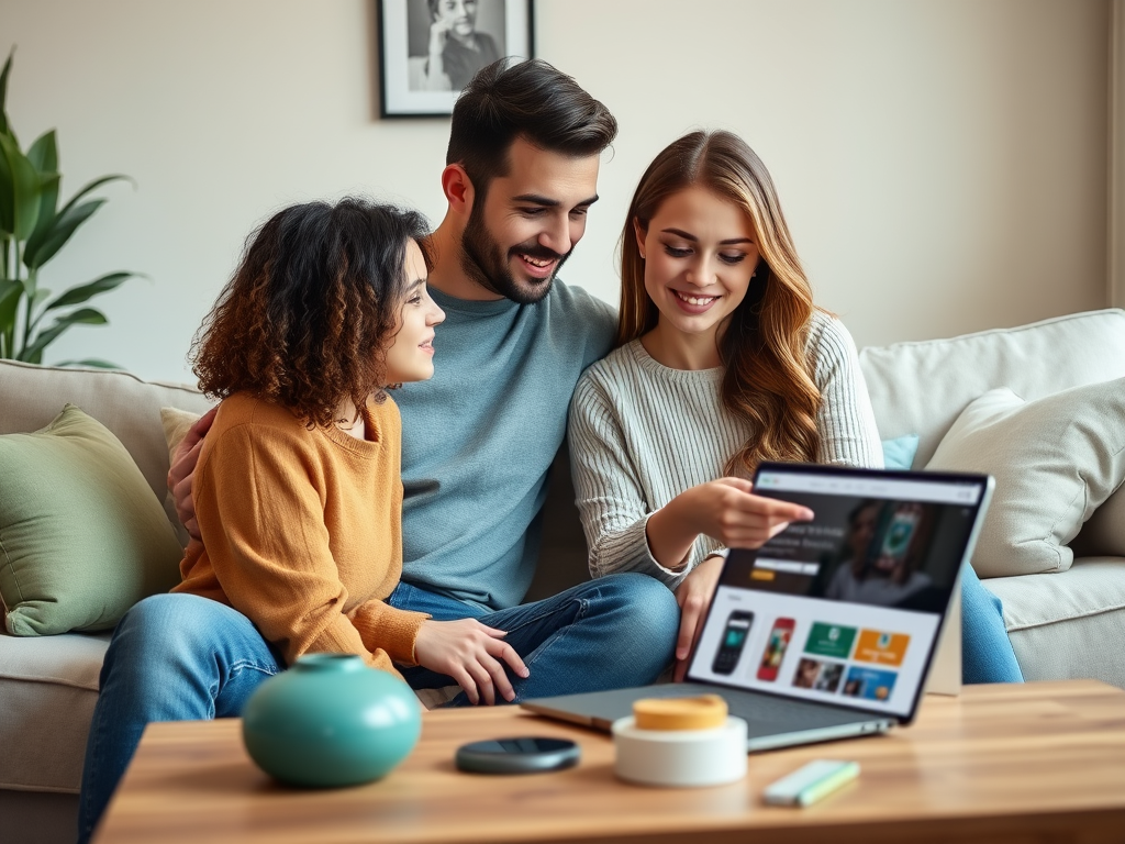 A young man and two women are smiling and pointing at a laptop while seated on a couch in a cozy living room.