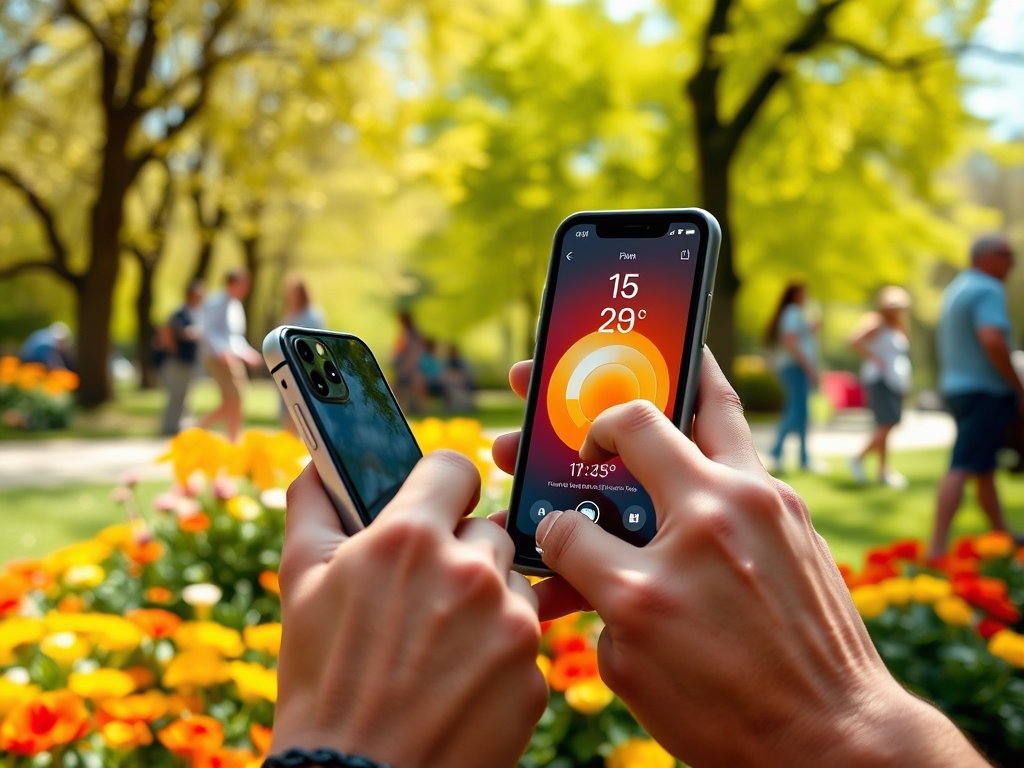 Two hands hold smartphones displaying weather information in a park filled with blooming flowers and people.