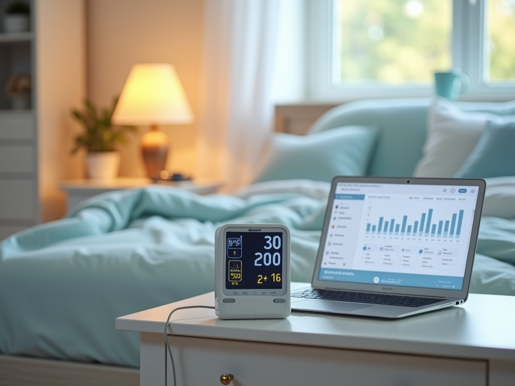 Medical device showing vitals and laptop displaying charts on a bedside table in a cozy bedroom.