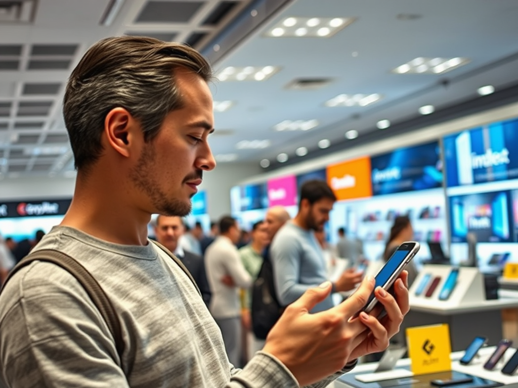A man browsing a smartphone in a tech store, with various devices on display and customers in the background.