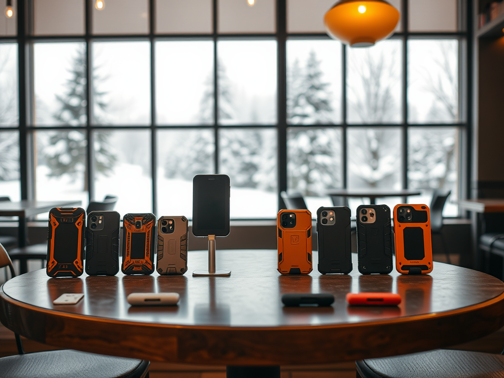 A table with various smartphone cases displayed, set against a snowy window backdrop in a cozy café.