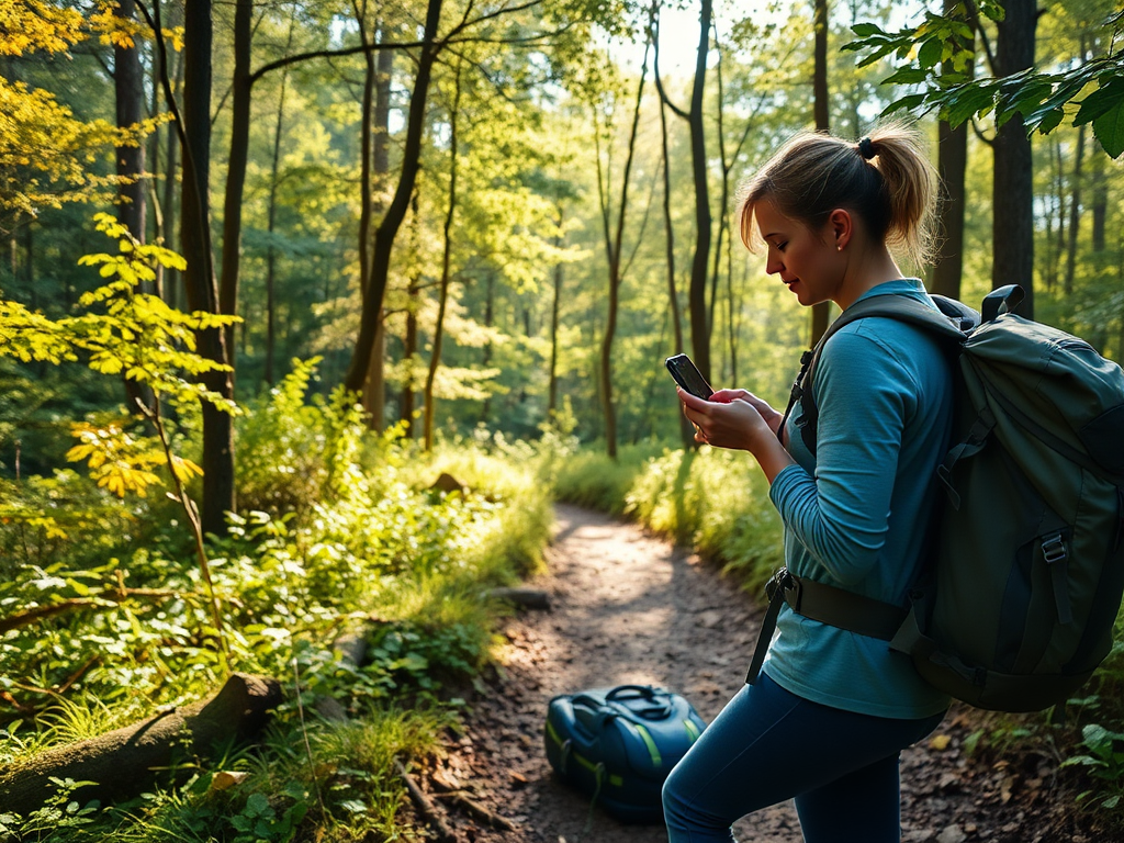 A person in a blue shirt stands on a forest path, checking their phone with a backpack nearby.