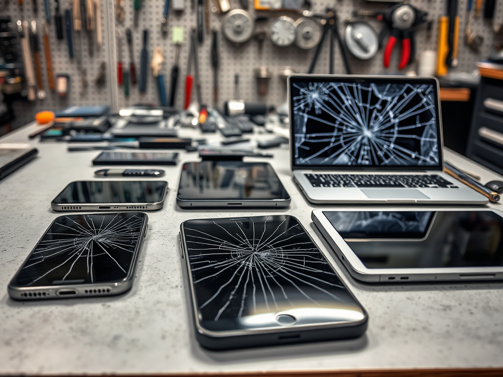 A workbench with multiple cracked smartphones and a laptop, surrounded by various tools and devices.