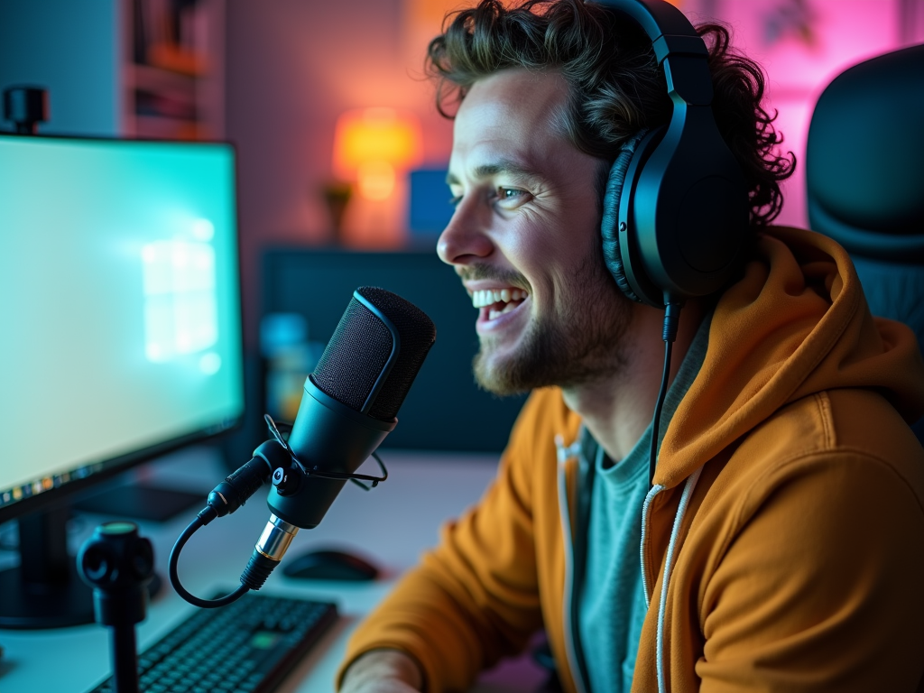 Man in orange hoodie and headphones laughing while recording with microphone, in a colorful lit room.