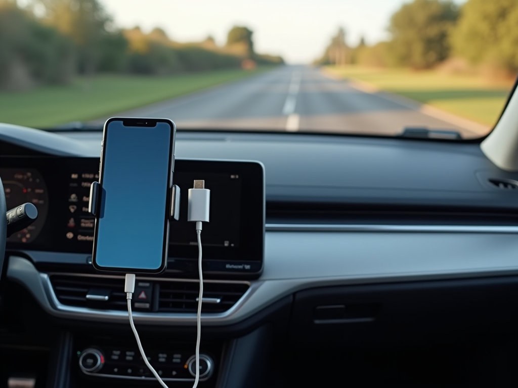 Smartphone mounted on a car dashboard, charging via cable, road in background.