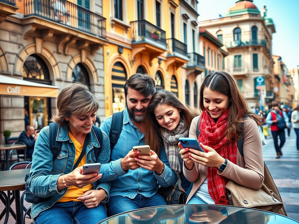 Four friends sit at an outdoor cafe, absorbed in their smartphones, with vibrant city architecture in the background.