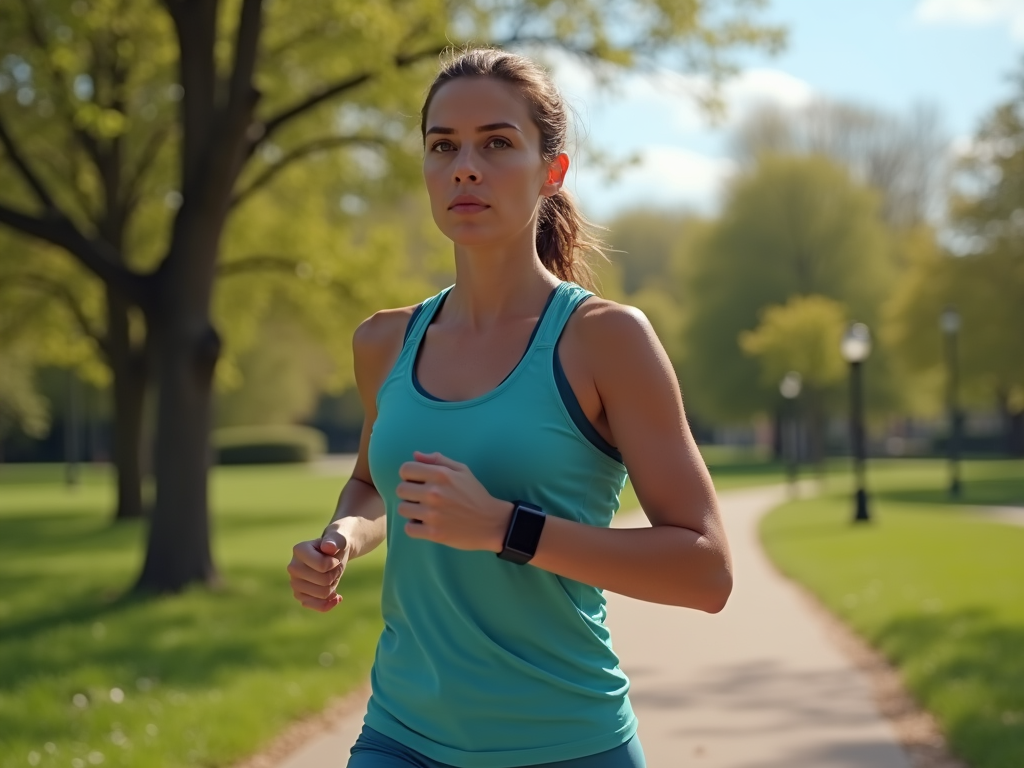 Woman in teal tank top jogging in a park on a sunny day, wearing earphones and a smartwatch.