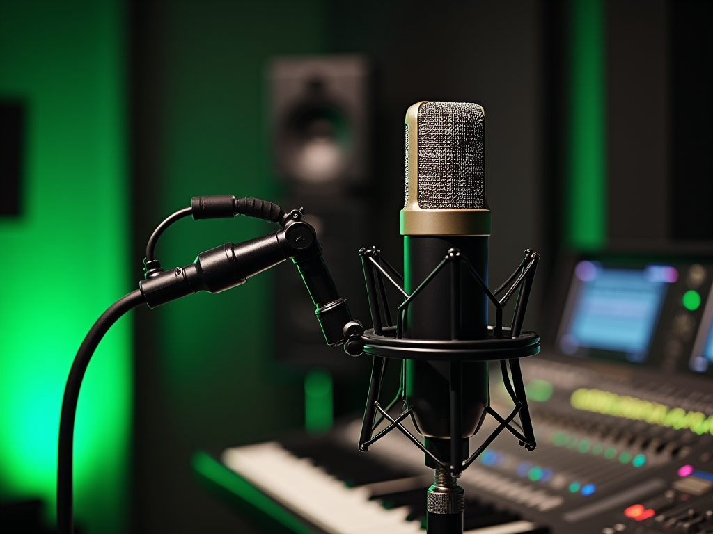 Close-up of a microphone in a studio with green lighting and recording equipment in the background.