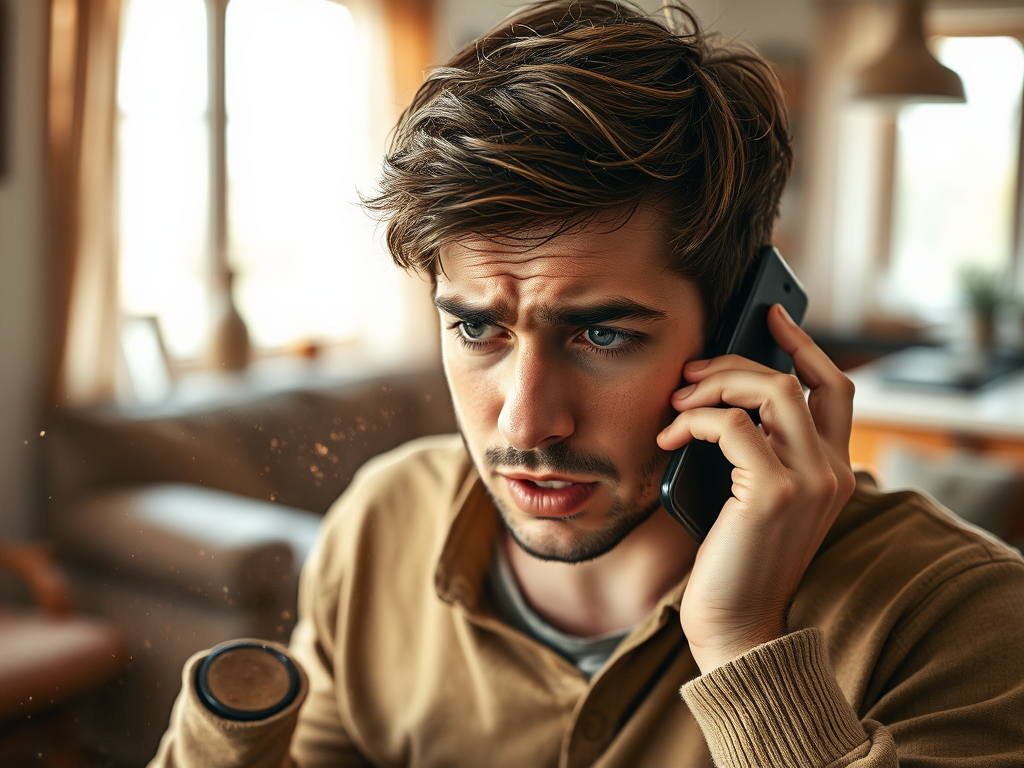 A young man with short hair is talking anxiously on the phone, sitting in a cozy, sunlit room.