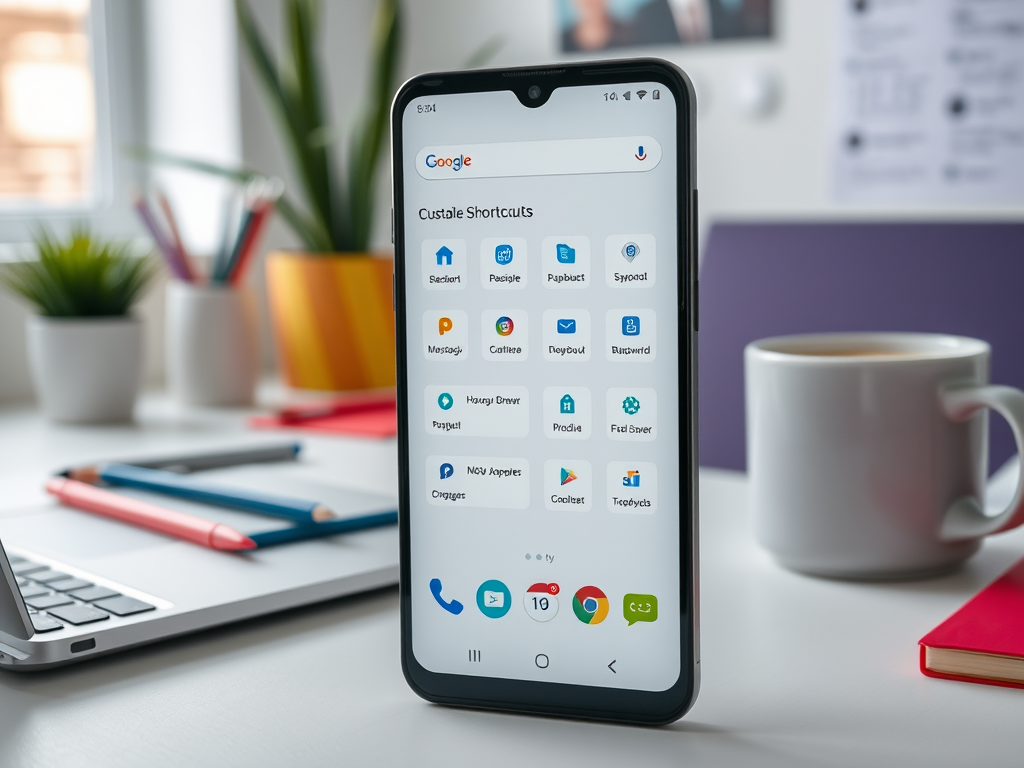 A smartphone displaying a grid of app shortcuts on a desk with stationery and a coffee cup in the background.