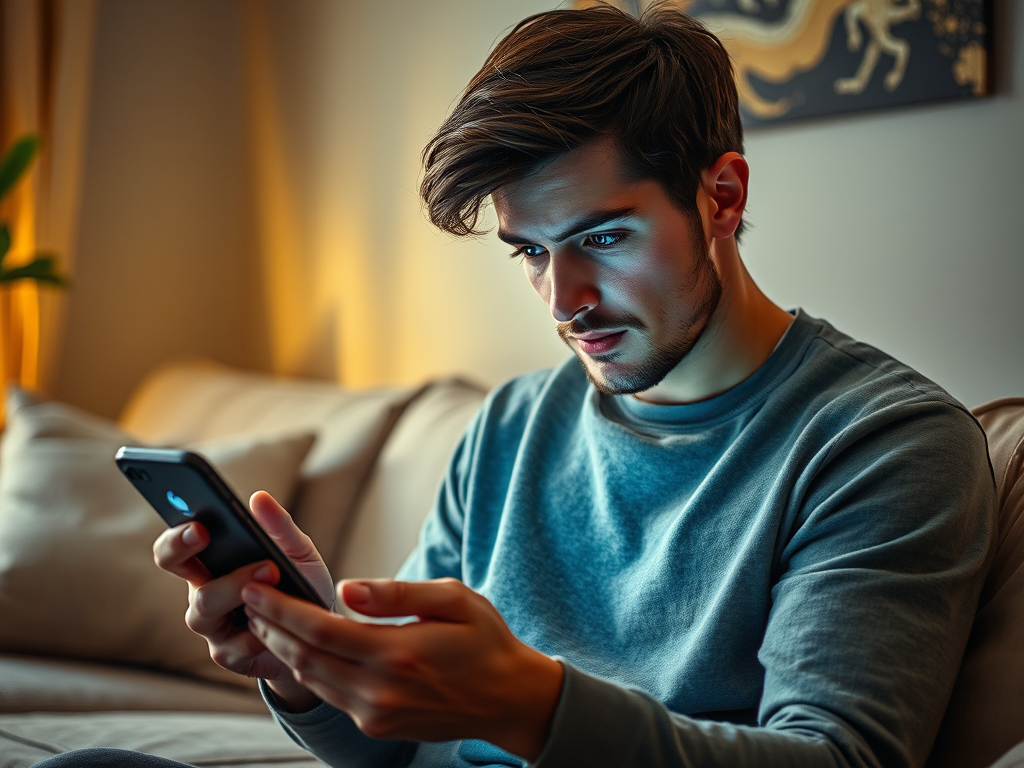 A young man intently gazes at his phone while seated on a couch in a softly lit room.