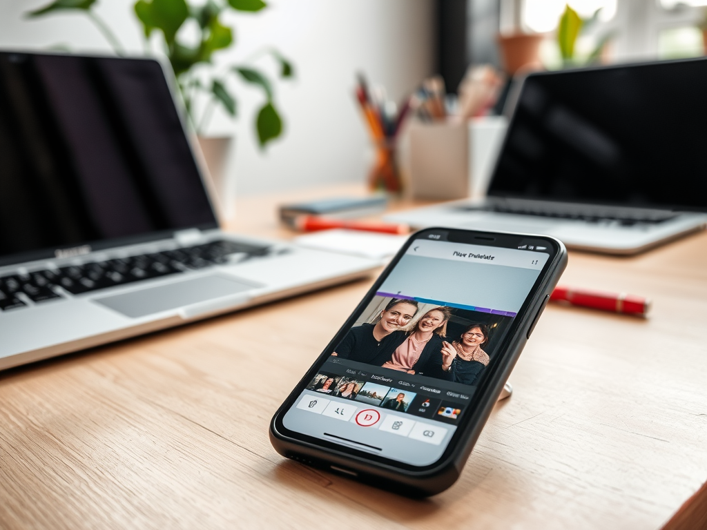 A smartphone displays a photo of three women, resting on a wooden desk with laptops and stationery in the background.