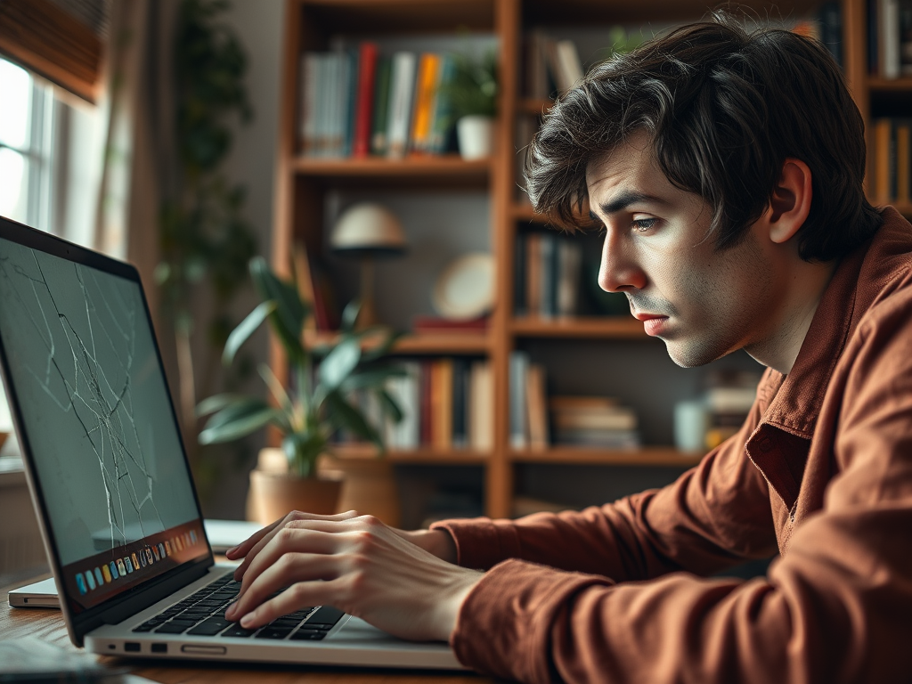 A young man focuses intently on his laptop, surrounded by bookshelves and greenery in a cozy room.