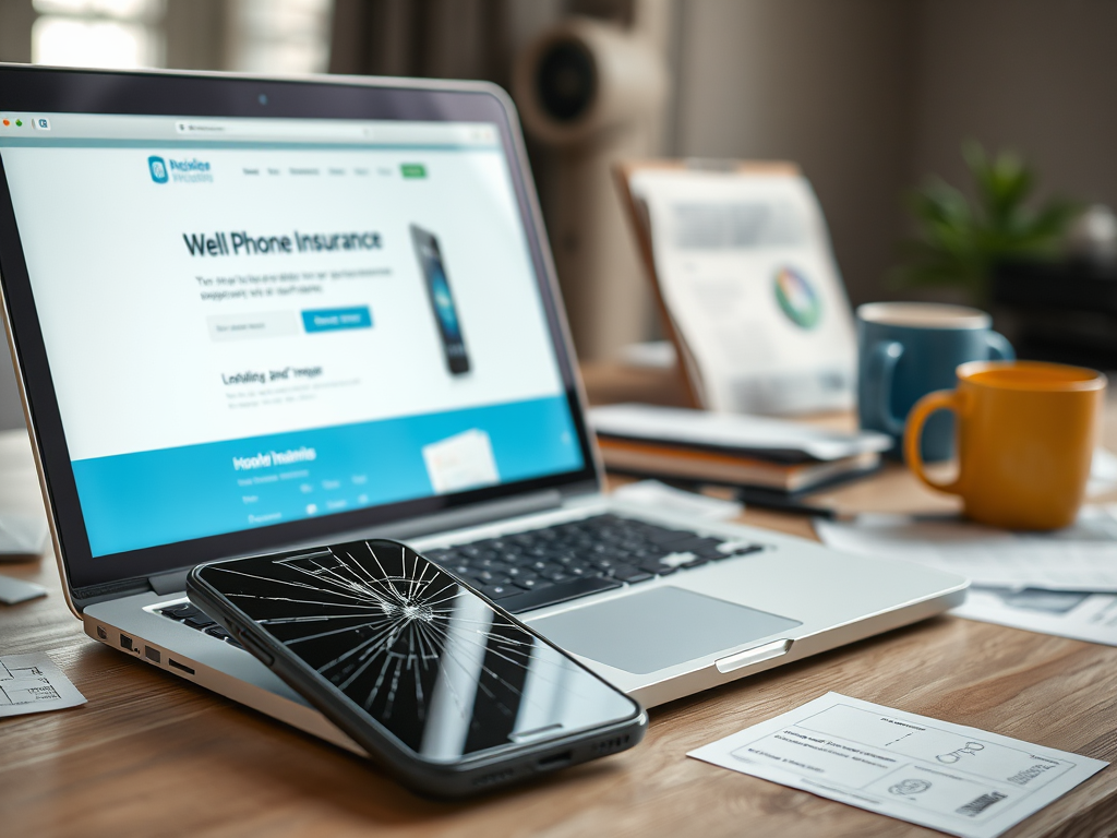 A laptop displaying a phone insurance website next to a cracked smartphone and two coffee mugs on a desk.