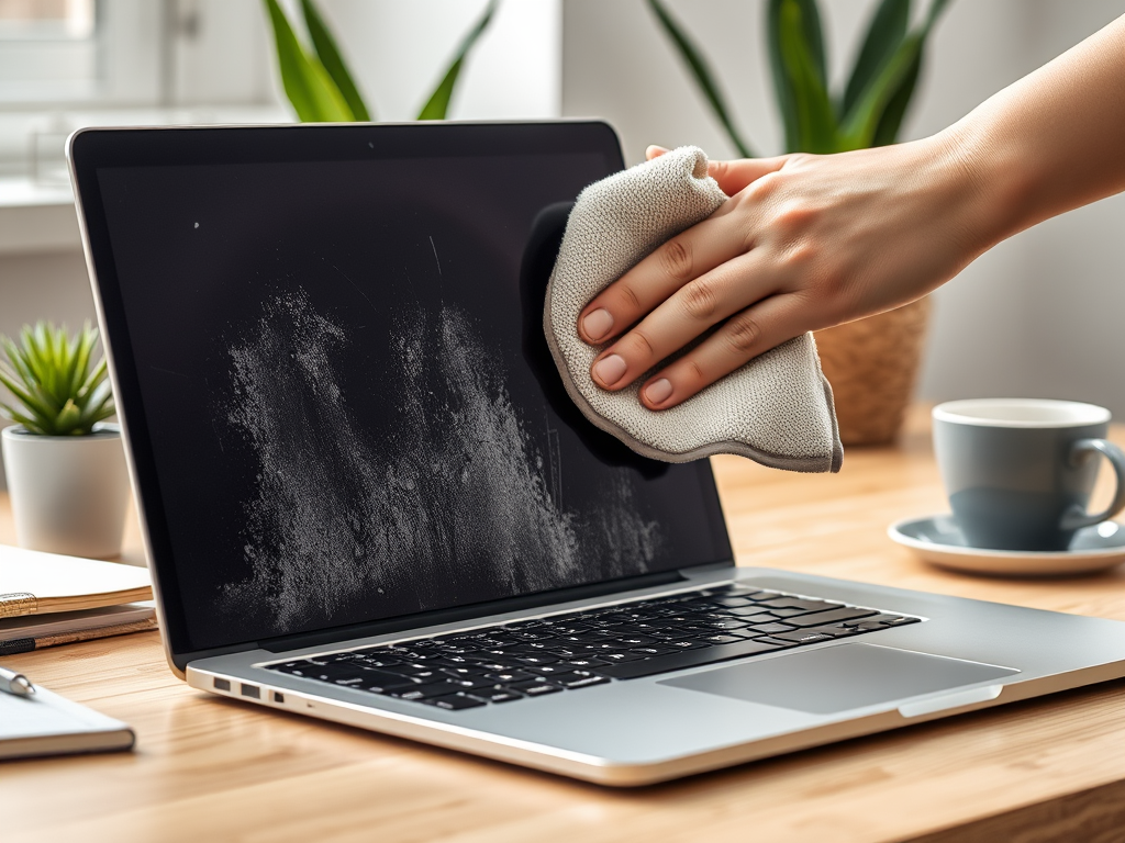 A person wipes a dusty laptop screen with a cloth, surrounded by plants and a cup of coffee on a wooden desk.