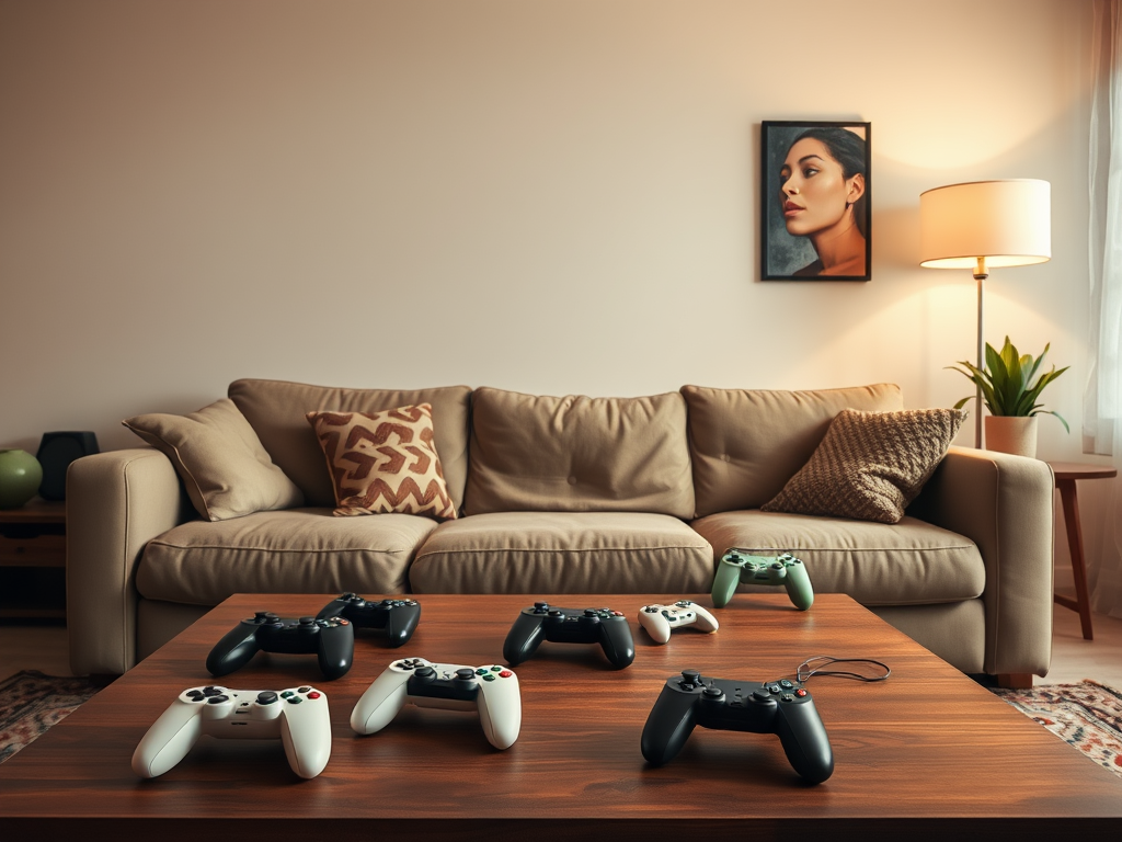 A cozy living room with a beige sofa, various game controllers on a table, and a portrait on the wall.