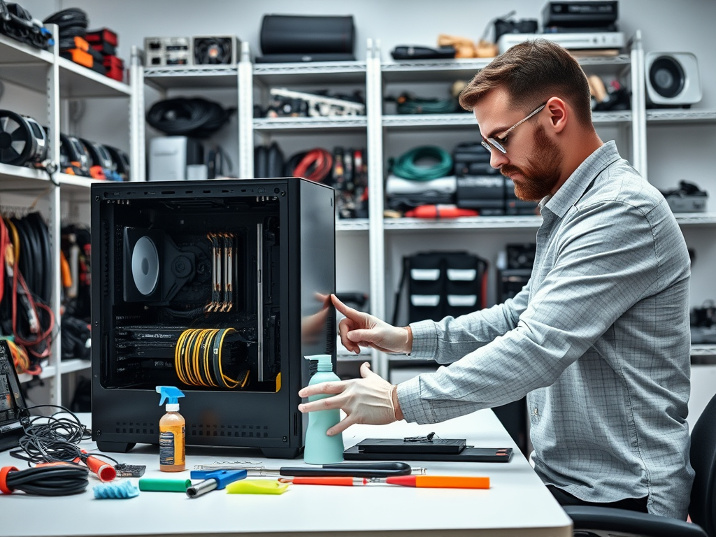 A man in glasses works on a computer case, surrounded by tools and cables in a tech workspace.