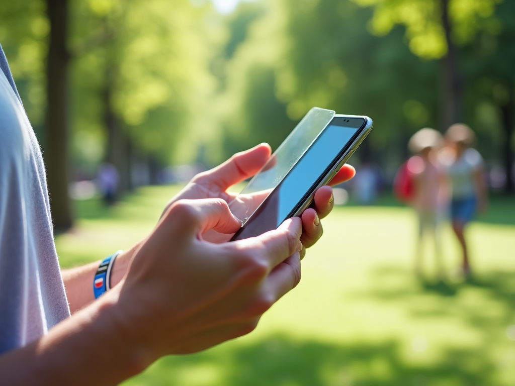 Person using a smartphone in a sunny park with people in the background.