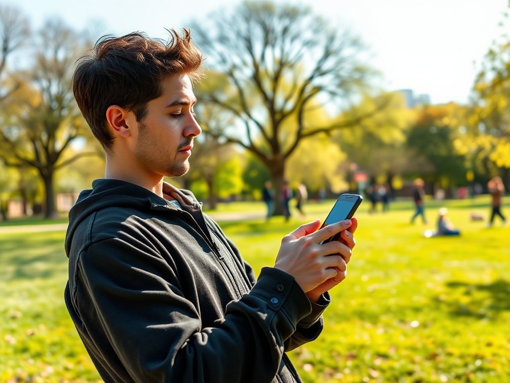 A young man in a hoodie stands in a park, focused on his smartphone, with people in the background enjoying the day.