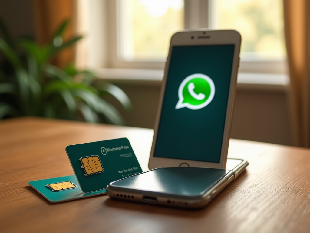 Smartphone displaying WhatsApp logo next to SIM cards on a wooden desk.