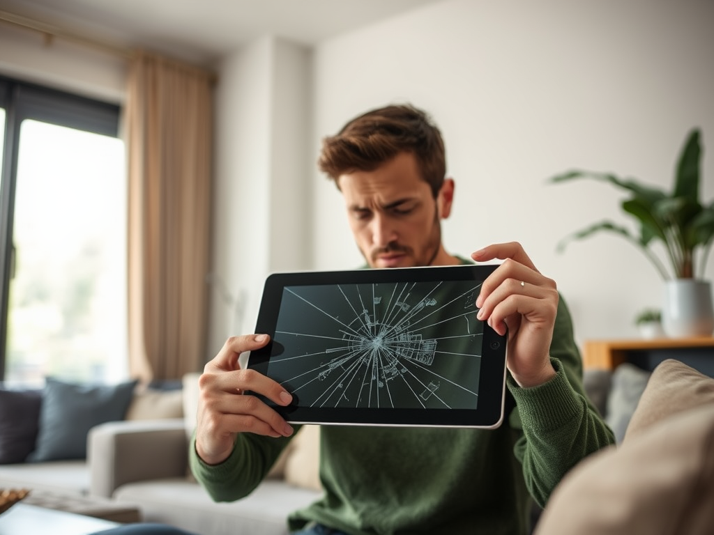 A man in a green sweater looks frustrated while holding a cracked tablet screen in a cozy living room.