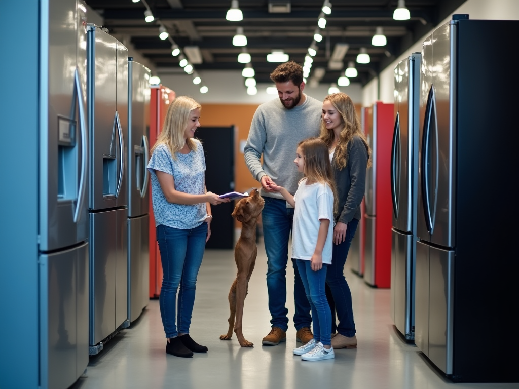 Family with a dog browsing refrigerators in an appliance store.