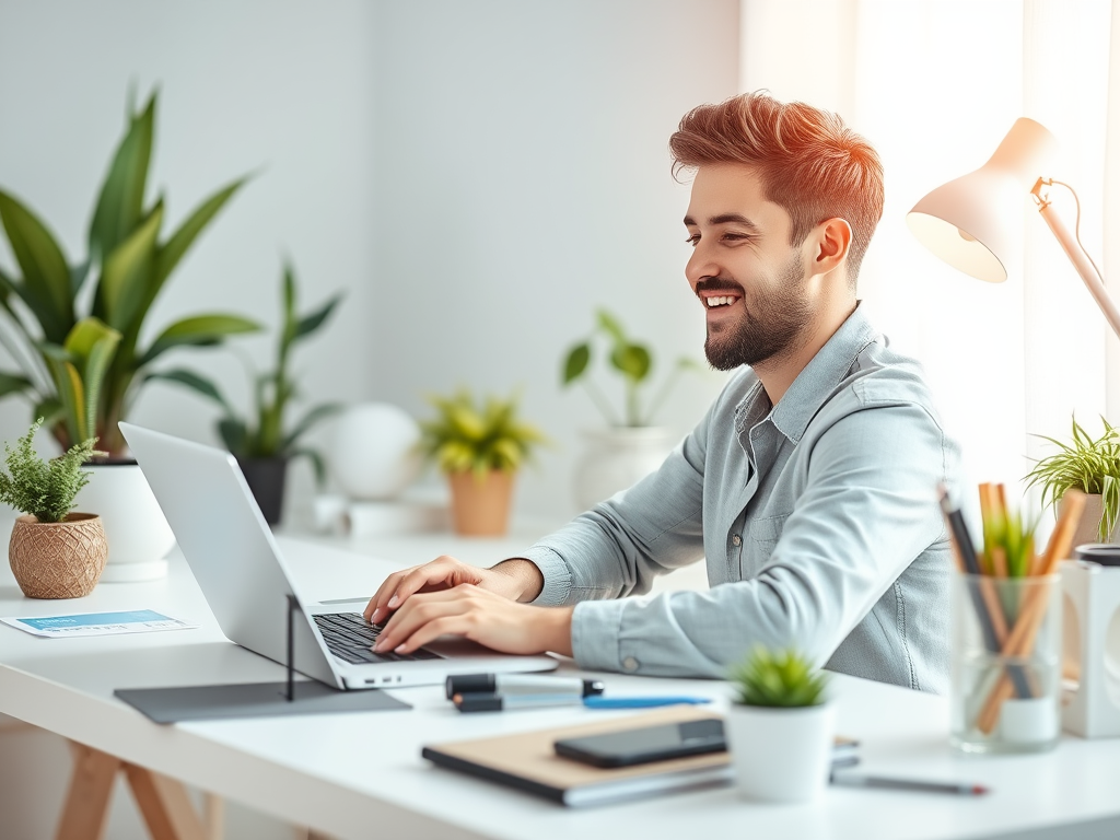 A smiling man works on a laptop in a bright, plant-filled home office, enjoying a productive moment.