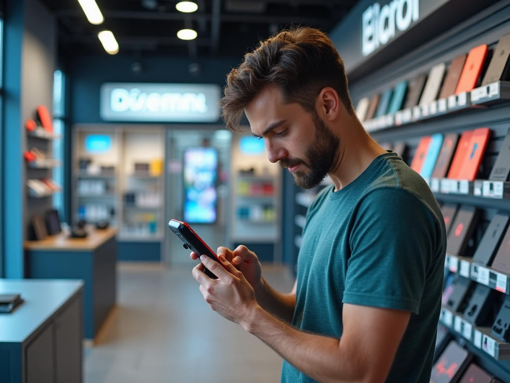 Man using smartphone in electronics store with shelves of devices in background.