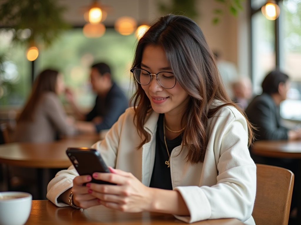 Woman in glasses using smartphone at cafe table, warm lighting and people in background.