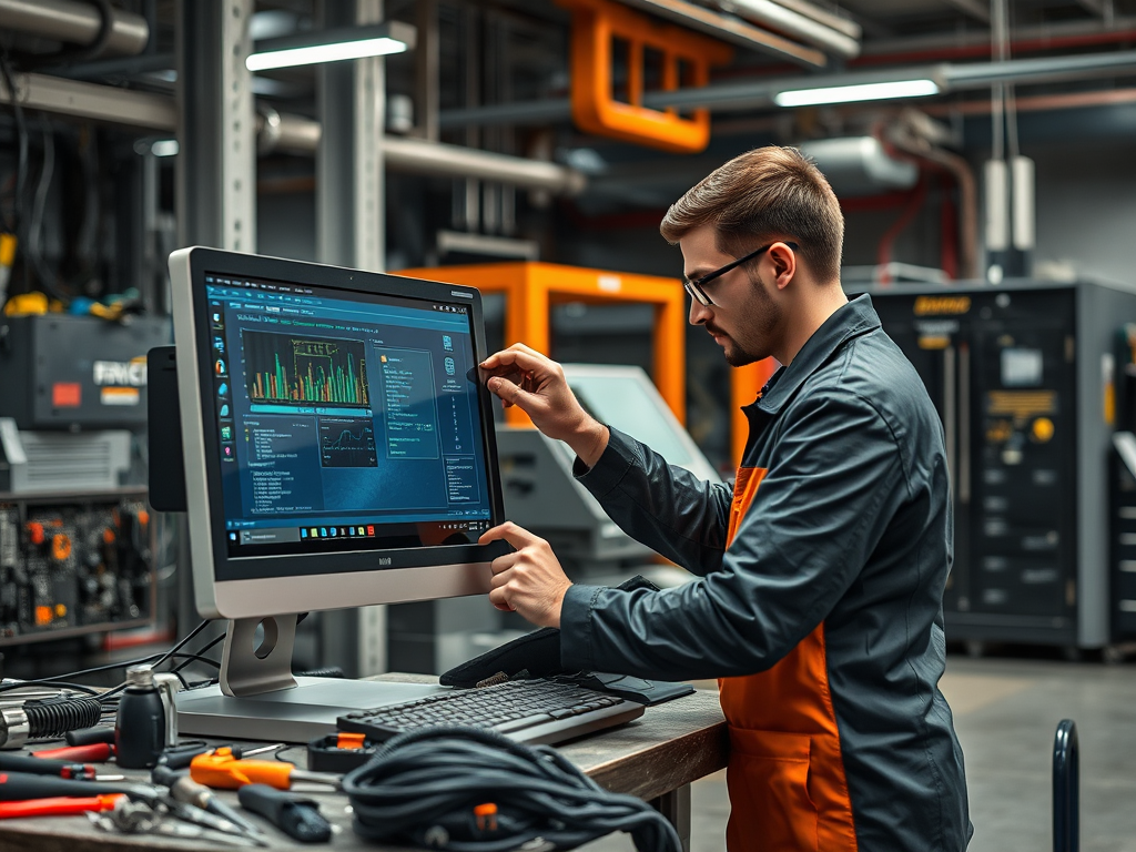 A technician is working on a computer in a workshop, analyzing data on a large monitor surrounded by tools.