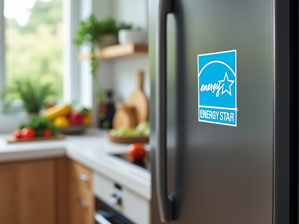 Energy Star label on a refrigerator in a bright kitchen with fresh vegetables in the background.