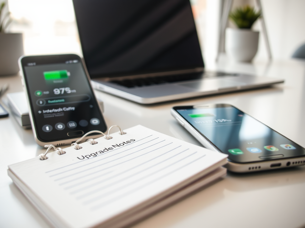 A workspace featuring two smartphones, a laptop, and a notepad labeled "Upgrade Notes" on a white desk.