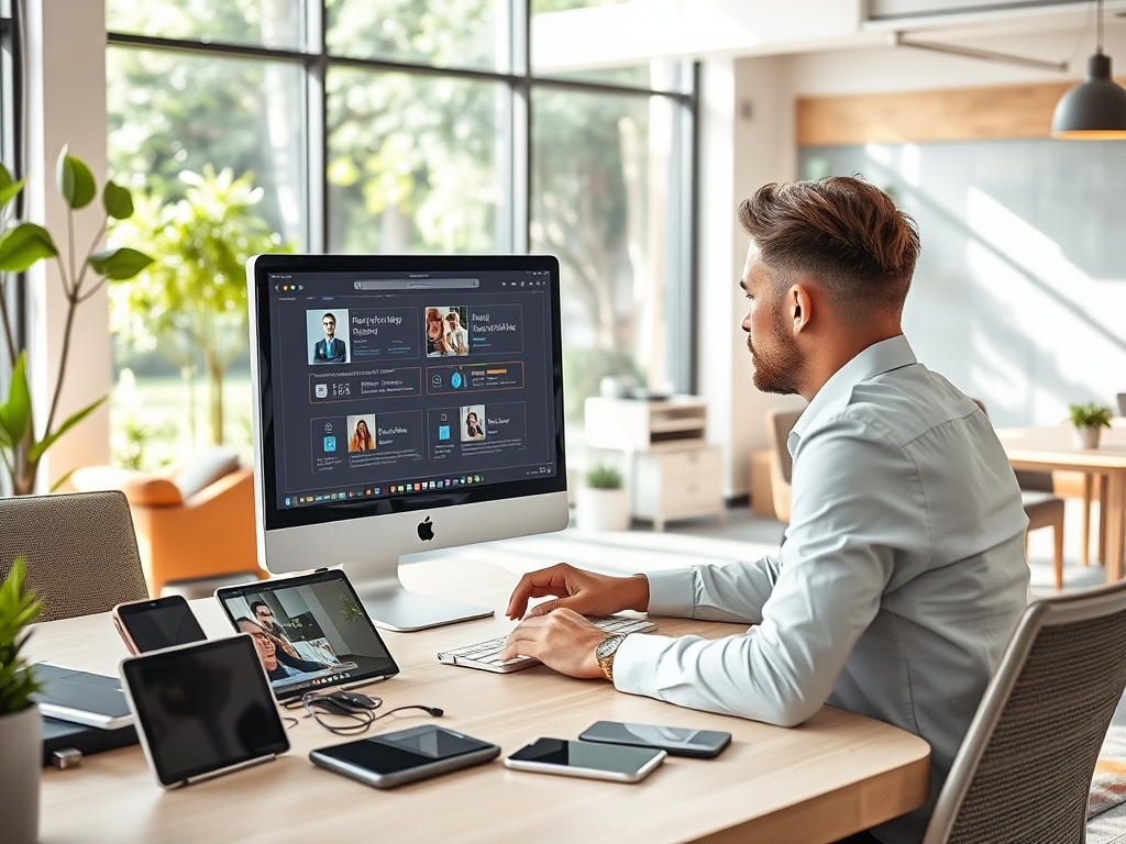 A man works at a desk with multiple devices, focused on an iMac displaying profiles in a bright, airy office.