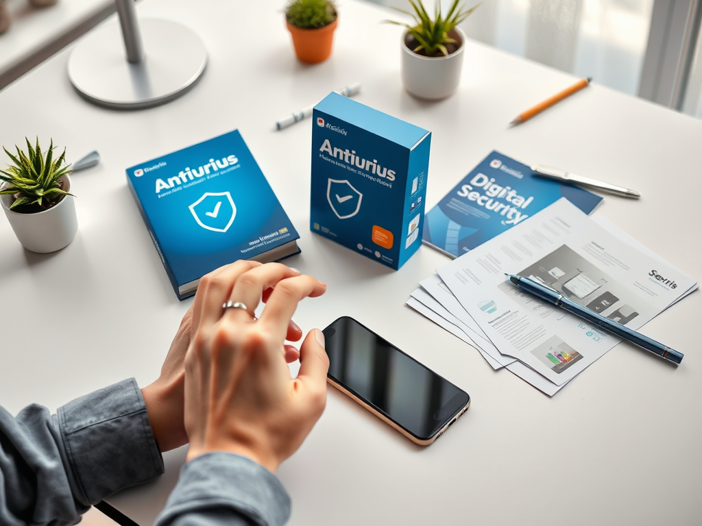 A person’s hand reaches for a smartphone next to antivirus software, documents, and small plants on a desk.