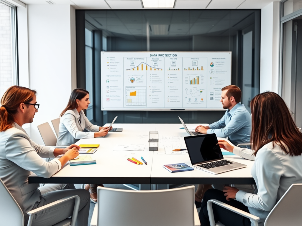 A diverse group of professionals in a conference room engaged in a discussion, with a data presentation on display.