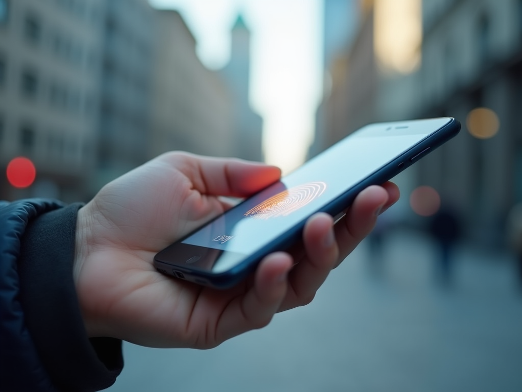 Hand holding smartphone with biometric fingerprint scan on screen in city environment.