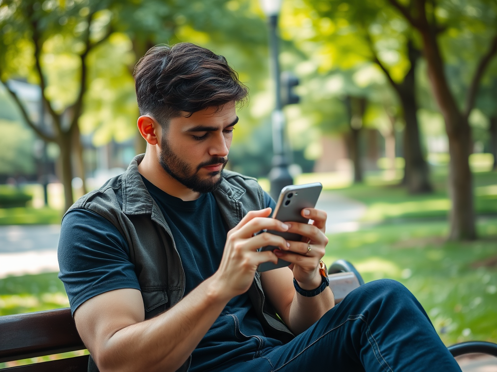 A young man sitting on a park bench, focused on his smartphone amid a lush green backdrop.