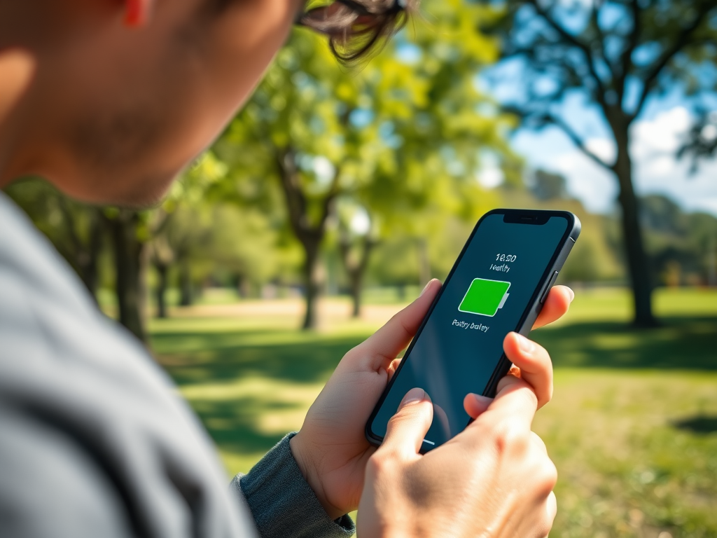 A person looks at their smartphone displaying a full battery icon in a sunny park setting.