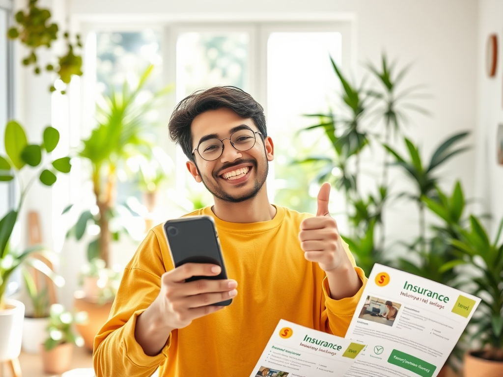 A smiling young man in a yellow shirt holds a phone and thumbs up, surrounded by greenery and insurance flyers.