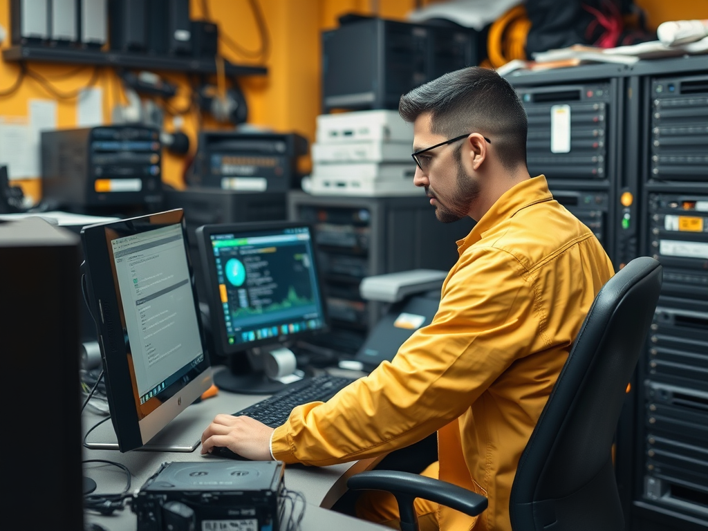 A man in a yellow shirt works on multiple computer screens in a server room, focused on coding or data analysis.