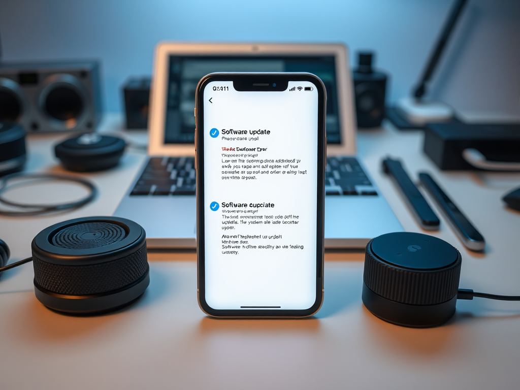 A smartphone displays a software update notification, surrounded by audio equipment and a laptop in a modern workspace.